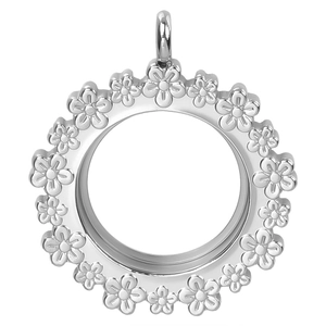 Detail of silver round pendant frame with delicate floral patterns and top hook