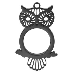 Detailed macro view of the matte black owl pendant featuring hollowed-out metal textures