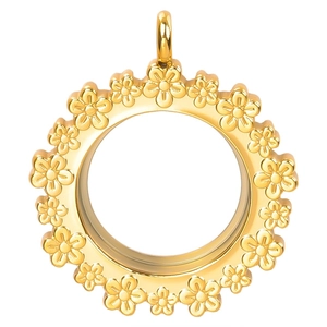 Golden stainless steel round pendant with 16 floral charms and polished finish
