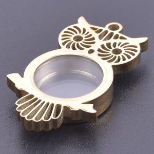 Vintage owl-shaped stainless steel locket pendant with transparent glass window for photos