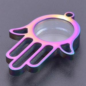 Rainbow plated Hamsa hand locket pendant with transparent window and screw opening