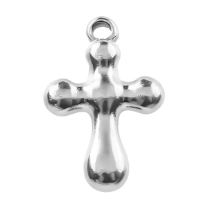 Détail d'un pendentif croix en acier 304 avec une texture de métal liquide