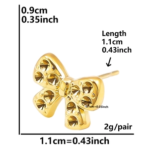 Elegant gold bow earrings in 304 stainless steel with shiny crystals and measurements