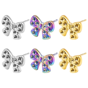 Vintage 304 Stainless Steel Bowknot Stud Earrings For Women Rhinestone Electroplated Titanium Steel Post Bow Earrings Fashion Jewelry