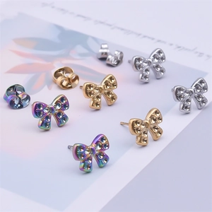 Bowknot 304 stainless steel stud earrings set in gold, silver and rainbow colors