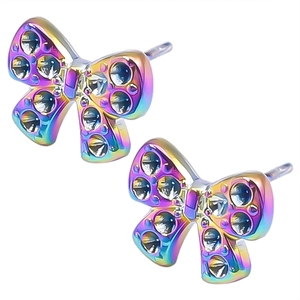 Detail of bow-shaped stud earrings featuring colorful rainbow finish and inlaid white zircons