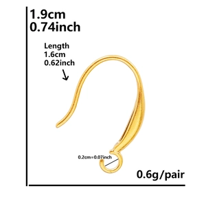 Technical drawing showing 1.9cm height and 1.6cm length of golden steel earring hook