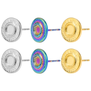 Detailed macro view of 304 stainless steel irregular button earrings in gold silver rainbow