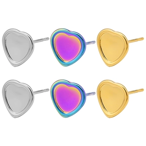 Polished 304 stainless steel heart-shaped earring bases in gold, silver, and iridescent finishes