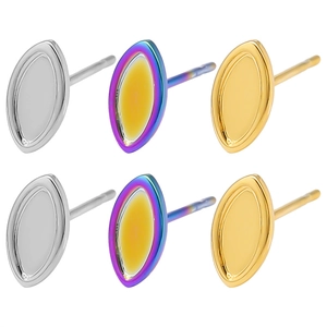 Polished stainless steel marquise stud earrings in silver, gold, and rainbow finishes