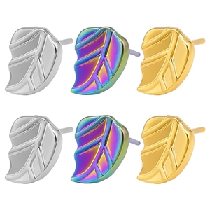 Detailed macro view of 304 stainless steel leaf earrings in gold, silver, and rainbow finishes