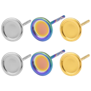 Three pairs of modern 304 stainless steel round stud earrings in gold, silver and rainbow finish