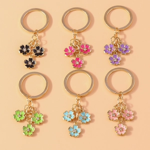 Elegant Enamel Flower Keychain Gold Plated Alloy Cherry Blossom Key Ring With Rhinestone Center Bag Charm For Women Gift