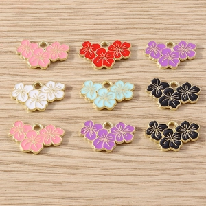Alloy Enamel Triple Cherry Blossom Flower Charms For DIY Jewelry Making Colorful Sakura Pendants For Necklace Bracelet Supplies
