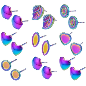 Rainbow plated 304 stainless steel stud earring set with irregular geometric shapes