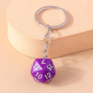 Detailed close-up of a purple D20 dice keychain with white numbers and silver chain