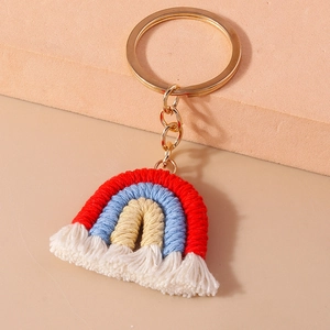Detailed macro shot of handmade rainbow keychain with colorful cotton cords and white tassels