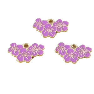 Three purple enamel flower charms with gold alloy plating for DIY jewelry necklaces