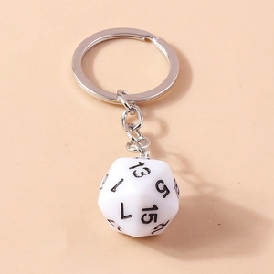 Creative white D20 dice keychain with black numbers and silver metal ring accessory