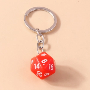 Creative red D20 dice keychain with white numbers and polished silver metal ring