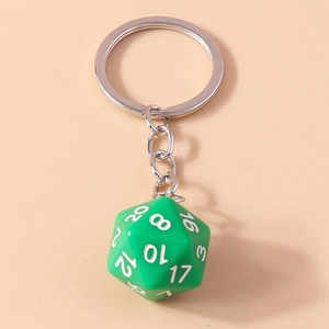 Detailed top view of green D20 polyhedral dice keychain with white numbers on matte resin