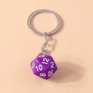 Macro detail of a purple 20-sided D20 dice keychain with clear white numbers and metal ring