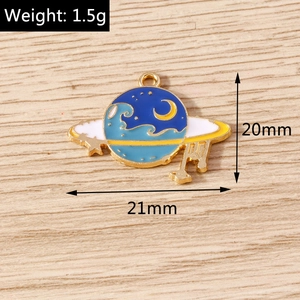 Detail view showing a 21x20mm blue enamel planet pendant with golden edges and moon detail