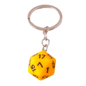 Creative yellow 20-sided d20 dice keychain with metal chain and ring for gamers
