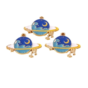 Set of 3 navy blue and yellow enamel planet charms with gold accents for DIY jewelry