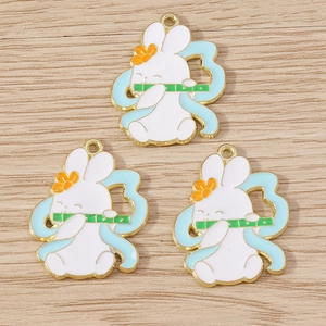 Cartoon rabbit charms in alloy enamel with orange flowers and blue ribbons for DIY jewelry