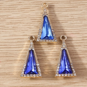 Three geometric triangle crystal pendants with gold rim and blue stone for DIY jewelry