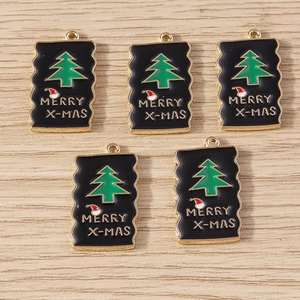 Five gold-plated alloy Christmas tree charms with black enamel and Merry X-Mas text
