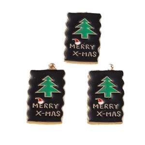 Set of 10 black enamel Christmas tree pendants with golden Merry X-mas lettering