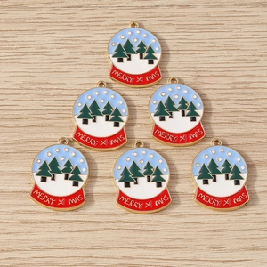 Set di 6 ciondoli natalizi a forma di palla di neve con pini e scritta Merry Xmas per DIY
