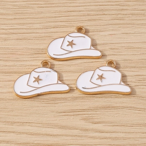Enamel alloy cowboy hat pendants in ivory white with gold trim for DIY jewelry