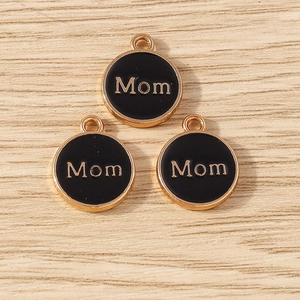 Set of 3 round black enamel Mom pendants with gold plating for DIY jewelry making