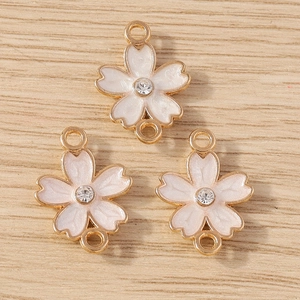 Pink enamel cherry blossom flower pendants with rhinestones and double hanging loops for DIY