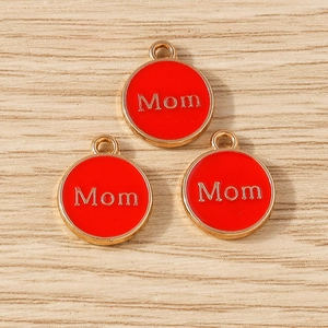 Set of 10 round gold alloy charms with red enamel Mom engraving for DIY jewelry making