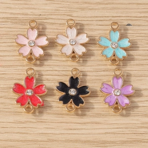 Sakura Flower Alloy Enamel Jewelry Connector Charms Rhinestone Double Loop DIY Necklace Bracelet Jewelry Making Pendants