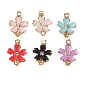 Pastoral enamel cherry blossom flower charms with rhinestones for DIY jewelry making