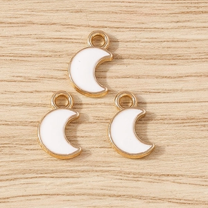 Golden moon-shaped jewelry charms with white enamel inlay for DIY necklace and bracelet crafting