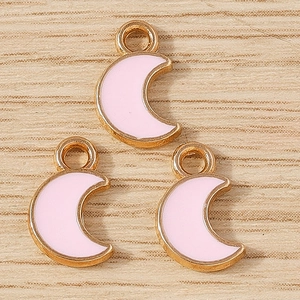 Pink enamel crescent moon charms with gold alloy plating for DIY jewelry making