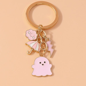 Pink Enamel Cartoon Ghost Umbrella Cloud Lightning Zinc Alloy Gold Plated Keychain Cute Bag Pendant For Women Girls Gift