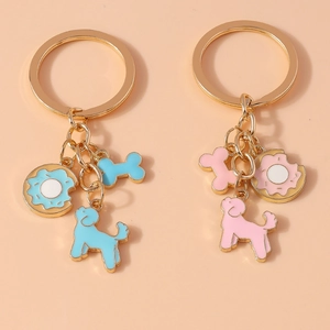 Cute Cartoon Poodle Dog Bone Donut Keychain Gold Alloy Enamel Charm Key Ring For Women Girls Backpack Handbag Decoration