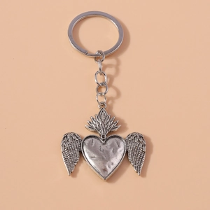 Retro Wing Heart Antique Silver Keychain Zinc Alloy Sacred Heart Key Ring For Bag Charm Phone Ornament Gothic Jewelry