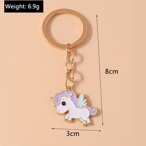 Detail view of cartoon unicorn keychain with dimensions 8cm height and 6.9g weight