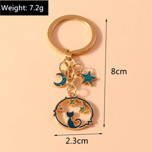 Cute golden cat and blue moon keychain with enamel star charms for bag decoration