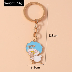 Detail view showing dimensions of a cartoon ice cream bird keychain in gold-tone metal