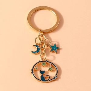 Hollow Star Cat Moon Keychain Cute Cartoon Enamel Animal Keyring Gold Plated Alloy Bag Pendant Charm Jewelry For Women