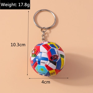 Detailed view of mini soccer keychain with multi-country flags, 4cm diameter and 17.8g
